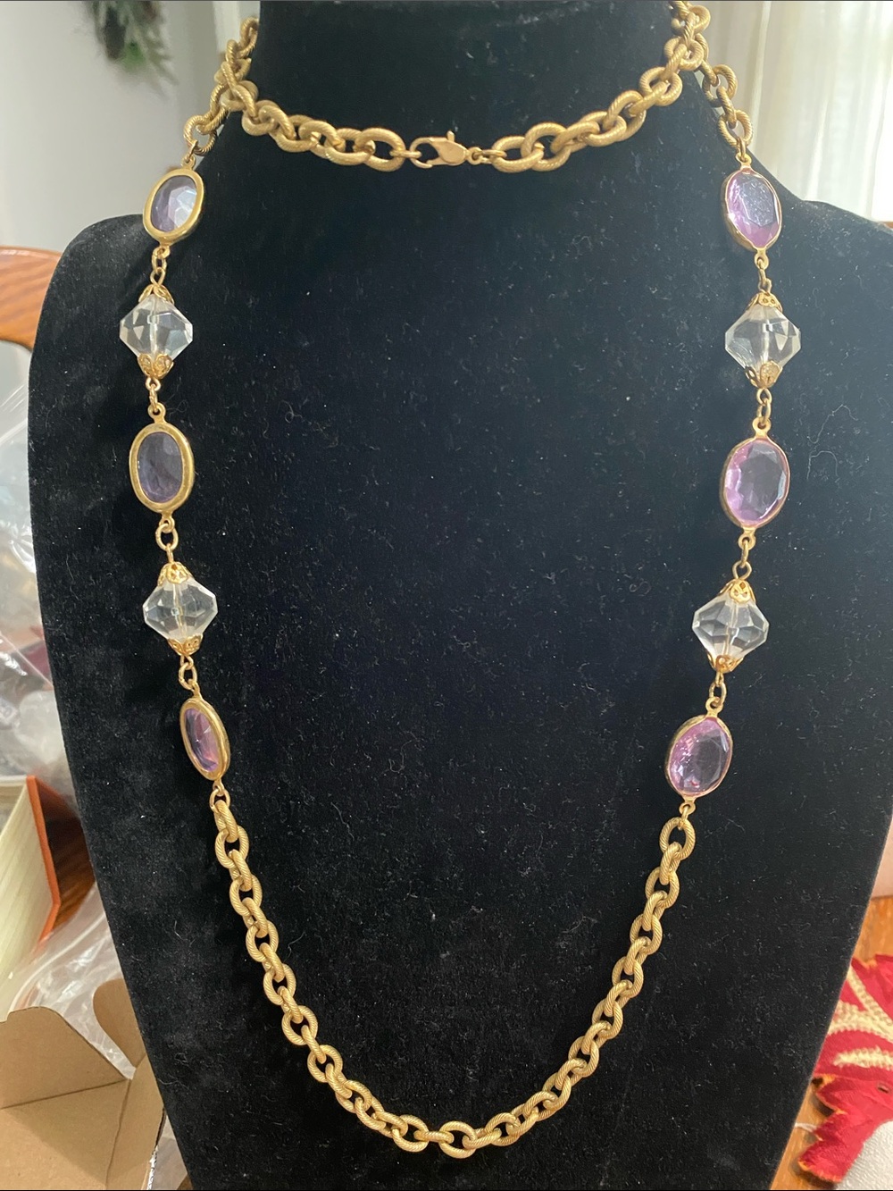 VTG Gold-Tone Necklace with Purple and Clear Acrylic Accents